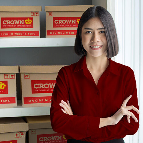 lady next to document boxes image