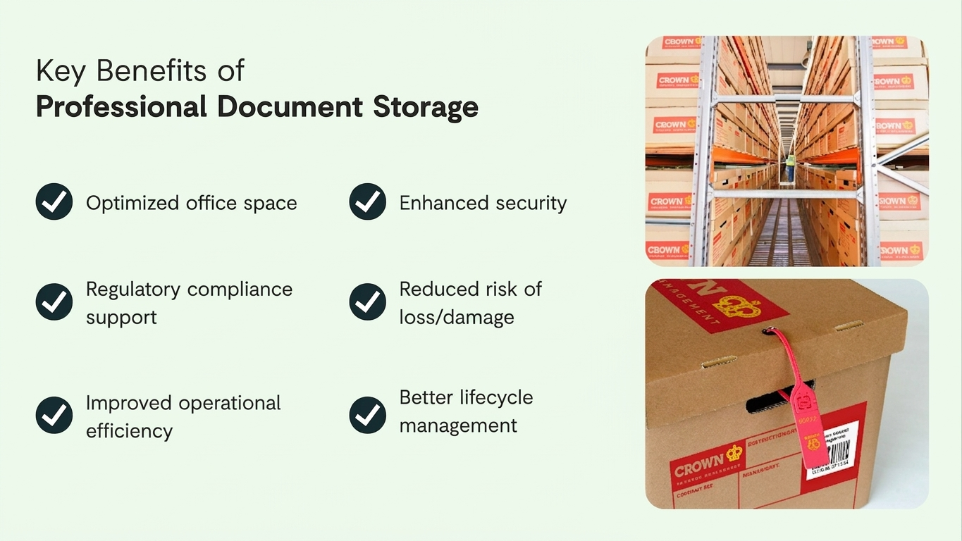 Infographic for key benefits of professional document storage.